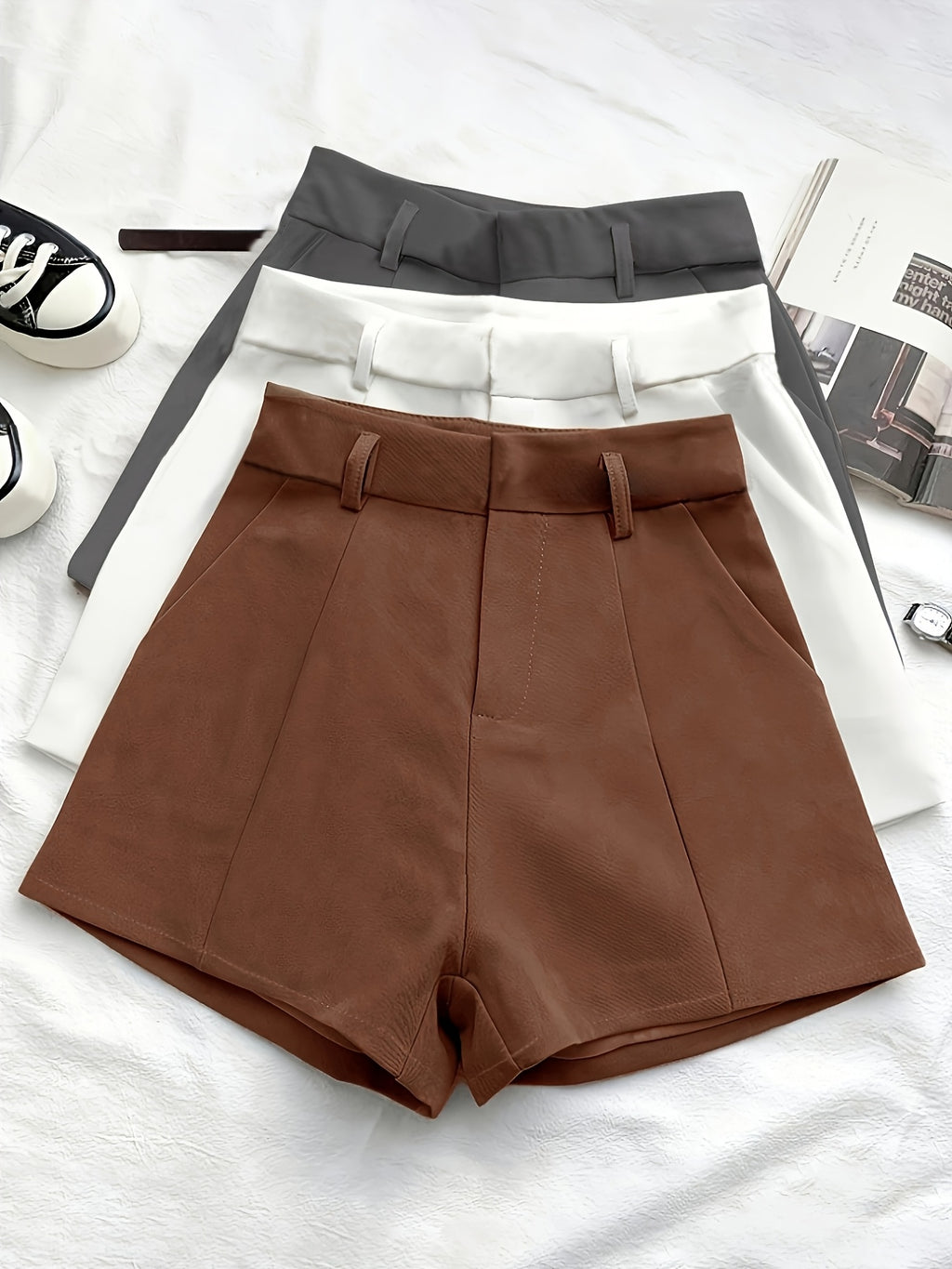 3pcs Women'S Solid Color Casual Shorts with Pockets - Elastic Waistband, Loose Fit, Spring/Summer/Fall Office & Casual Attire, Office Wear Shorts | Casual Style Shorts | Nonstretch Fabric
