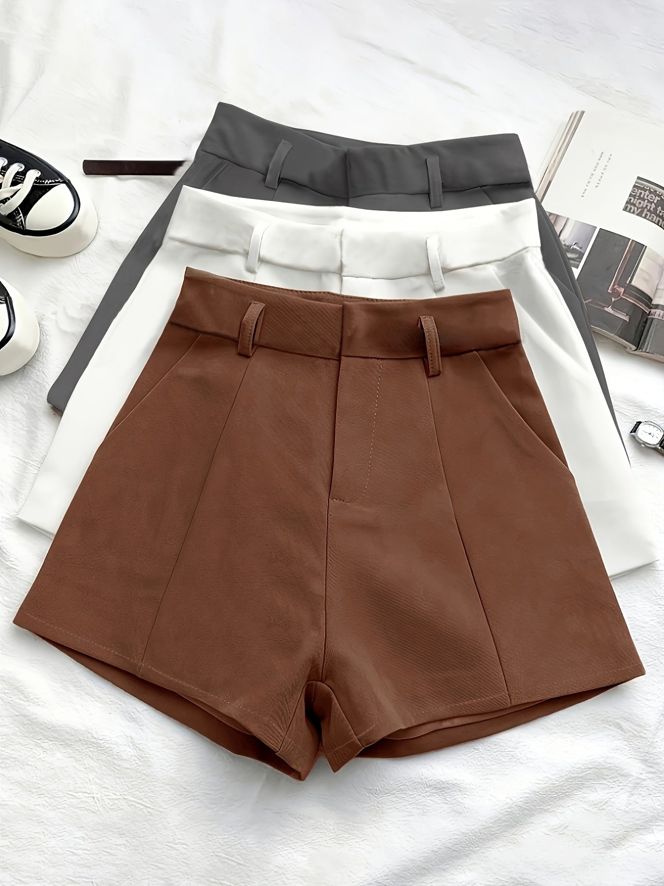 3pcs Women'S Solid Color Casual Shorts with Pockets - Elastic Waistband, Loose Fit, Spring/Summer/Fall Office & Casual Attire, Office Wear Shorts | Casual Style Shorts | Nonstretch Fabric