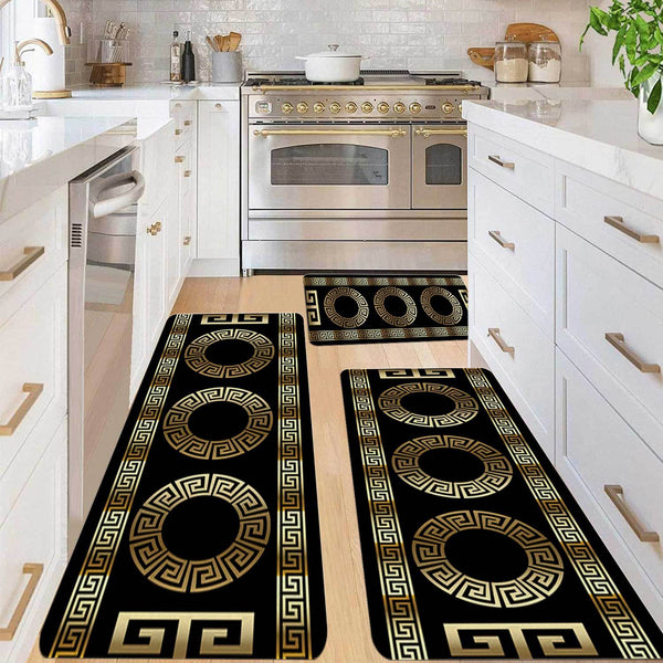 3pcs Modern Simple Style Decorative Kitchen Floor Mats, Retro Gold Geometric Pattern Print Home Restaurant Decorative Long Strip Floor Mats, Bar Anti-slip Mats, Kitchen Door Floor Mats, Soft Corridor Carpet, Laundry Room Soft Floor Mats