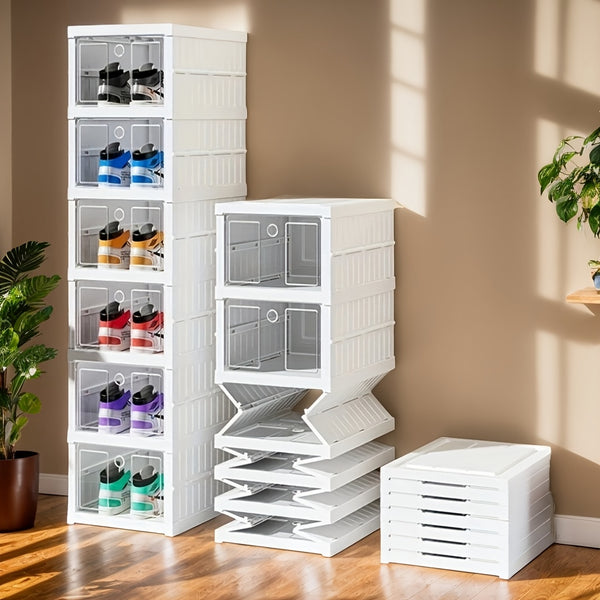 3/6/9 Tier Foldable Shoe Rack Organizer, Clear Plastic Collapsible Shelf with Storage Boxes, Freestanding Design for Closet & Living Room, White, Closet Organizer | Spacesaving Rack | Stackable Shoe Box, Shoe Storage Organizer