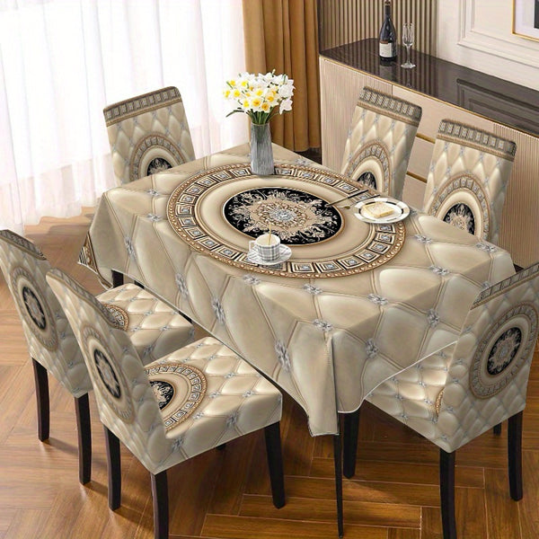 5pcs/7pcs Tablecloth and Chair Cover Set, (5pcs includes 4 chair covers and one tablecloth) (7pcs includes 6 chair covers and one tablecloth with Golden border texture pattern on milky white background), adding joy to family gatherings atmosphere, rectan