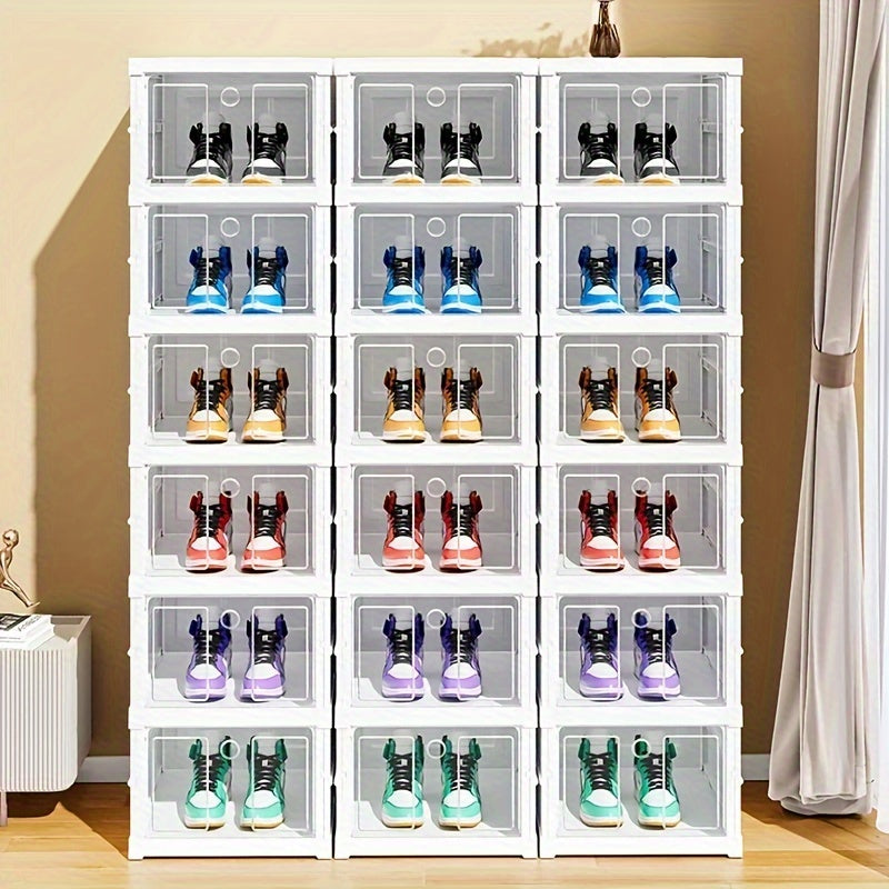 3/6/9 Tier Foldable Shoe Rack Organizer, Clear Plastic Collapsible Shelf with Storage Boxes, Freestanding Design for Closet & Living Room, White, Closet Organizer | Spacesaving Rack | Stackable Shoe Box, Shoe Storage Organizer