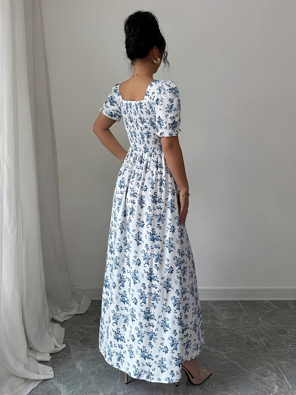 Elegant Women'S Floral Print Square Neck Dress - Short Sleeve, Cinched Waist, Ruffled Hem, Lightweight Polyester, Perfect for Spring & Fall, Casual Elegance | Ruffled Hem Dress | Glossy Texture