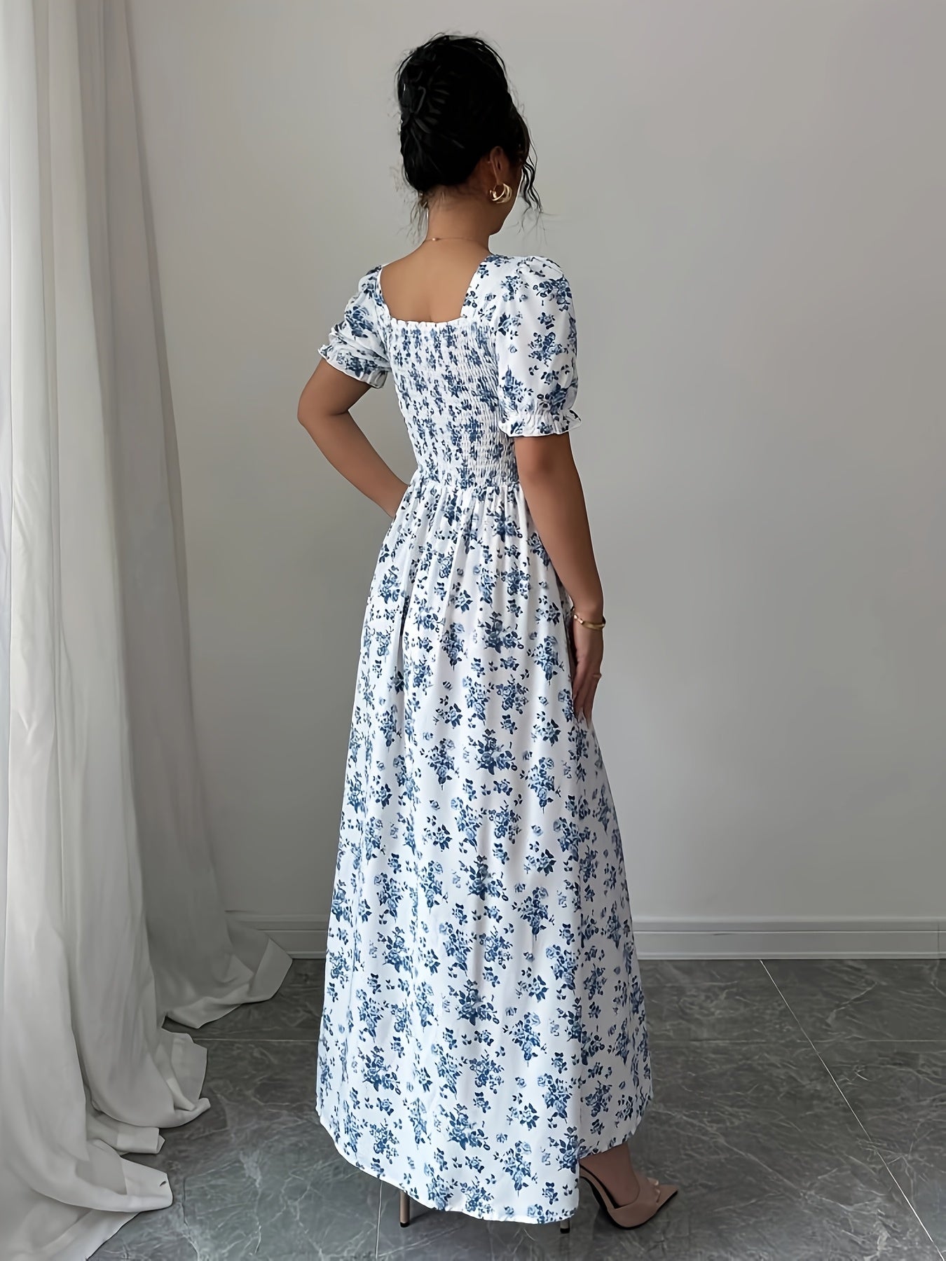 Elegant Women'S Floral Print Square Neck Dress - Short Sleeve, Cinched Waist, Ruffled Hem, Lightweight Polyester, Perfect for Spring & Fall, Casual Elegance | Ruffled Hem Dress | Glossy Texture
