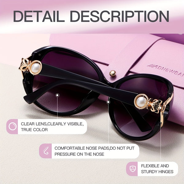 A Pair of Women'S Fashionable And Minimalist Pearl Fox-Head Frame Decorative Glasses, with Purple Glasses Case, Vintage Style Design Perfect for Gifts