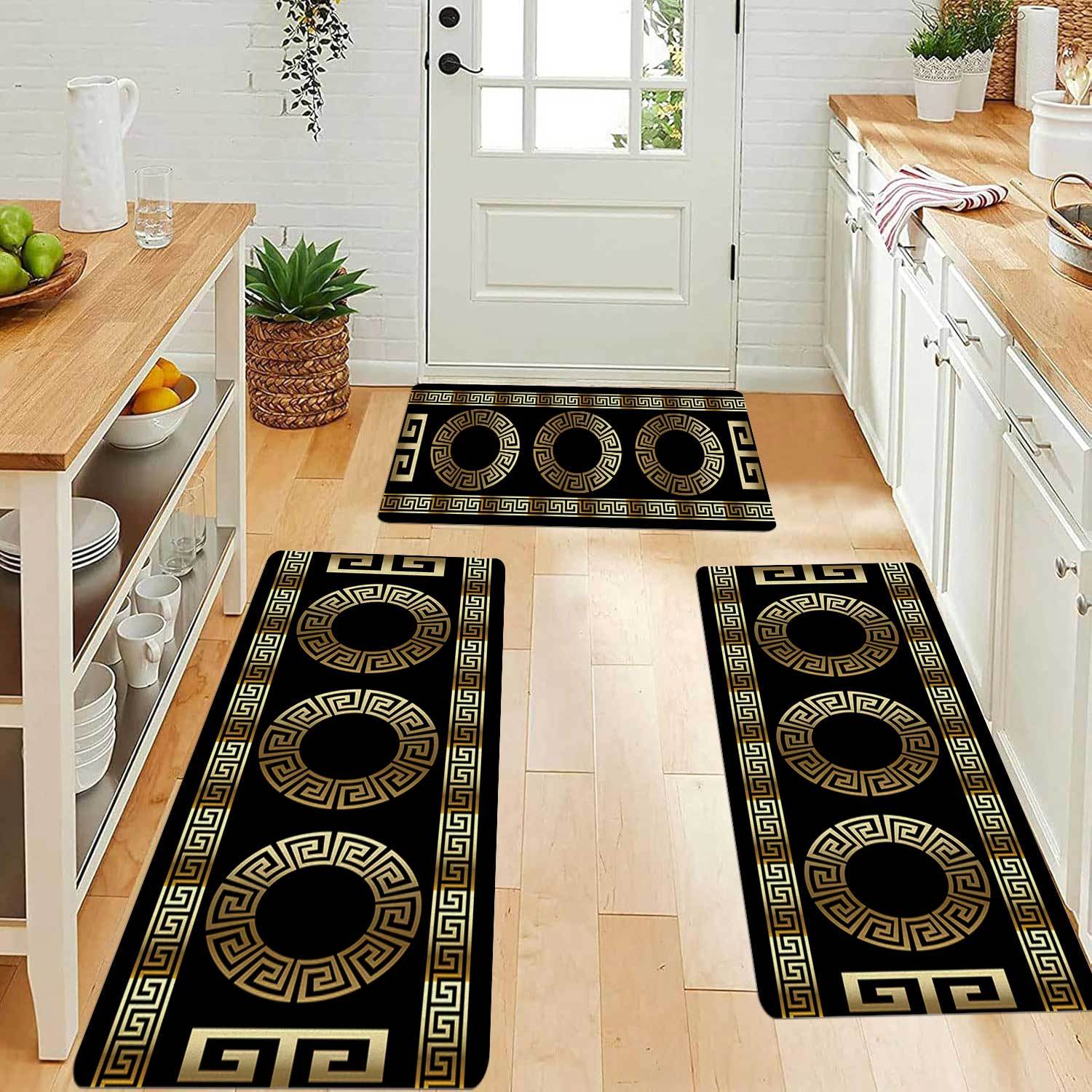 3pcs Modern Simple Style Decorative Kitchen Floor Mats, Retro Gold Geometric Pattern Print Home Restaurant Decorative Long Strip Floor Mats, Bar Anti-slip Mats, Kitchen Door Floor Mats, Soft Corridor Carpet, Laundry Room Soft Floor Mats