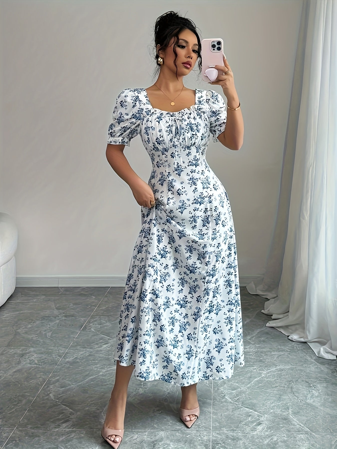 Elegant Women'S Floral Print Square Neck Dress - Short Sleeve, Cinched Waist, Ruffled Hem, Lightweight Polyester, Perfect for Spring & Fall, Casual Elegance | Ruffled Hem Dress | Glossy Texture