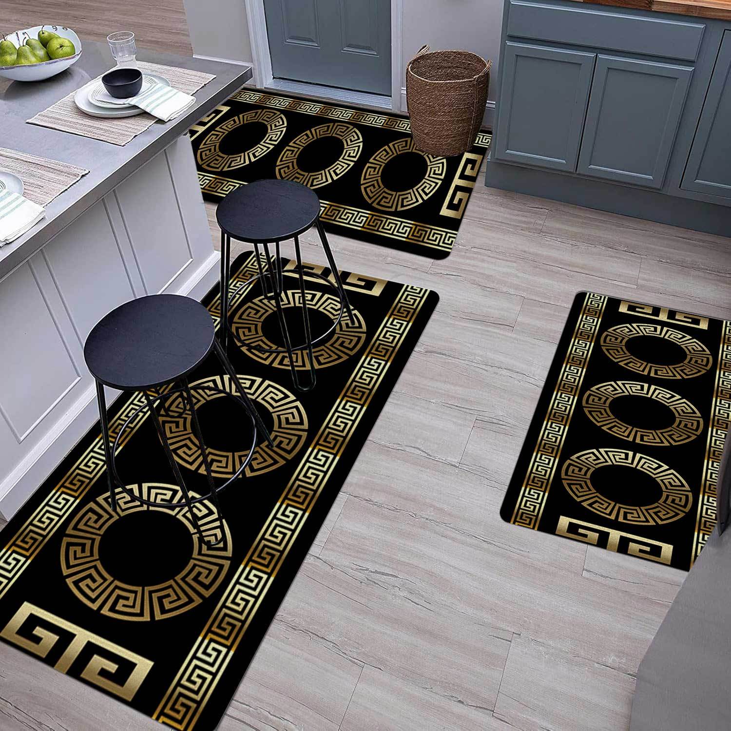 3pcs Modern Simple Style Decorative Kitchen Floor Mats, Retro Gold Geometric Pattern Print Home Restaurant Decorative Long Strip Floor Mats, Bar Anti-slip Mats, Kitchen Door Floor Mats, Soft Corridor Carpet, Laundry Room Soft Floor Mats