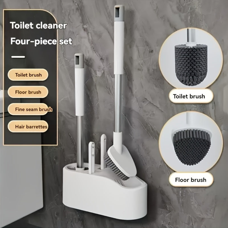 4-In-1 Toilet Brush Set with Wall-Mounted Holder - Portable Plastic Bathroom Cleaning Kit, Featuring a Long Handle, Including a Toilet Brush, Tile And Grout Cleaner, Soft Brush - Freestanding And Detachable, Suitable for Bathroom Toilets.