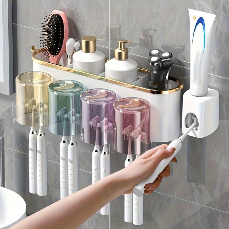 1pc Multifunctional Deluxe Toothbrush Holder and Mug Rack - Wall Mounted Toothpaste and Mouthwash Storage with Built-in Squeezer - Space-Saving Bathroom Organizer Made of Durable Plastic