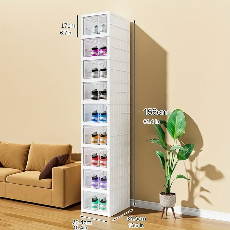 3/6/9 Tier Foldable Shoe Rack Organizer, Clear Plastic Collapsible Shelf with Storage Boxes, Freestanding Design for Closet & Living Room, White, Closet Organizer | Spacesaving Rack | Stackable Shoe Box, Shoe Storage Organizer