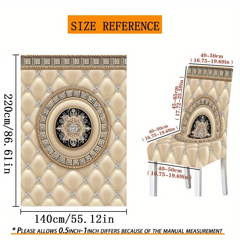 5pcs/7pcs Tablecloth and Chair Cover Set, (5pcs includes 4 chair covers and one tablecloth) (7pcs includes 6 chair covers and one tablecloth with Golden border texture pattern on milky white background), adding joy to family gatherings atmosphere, rectan