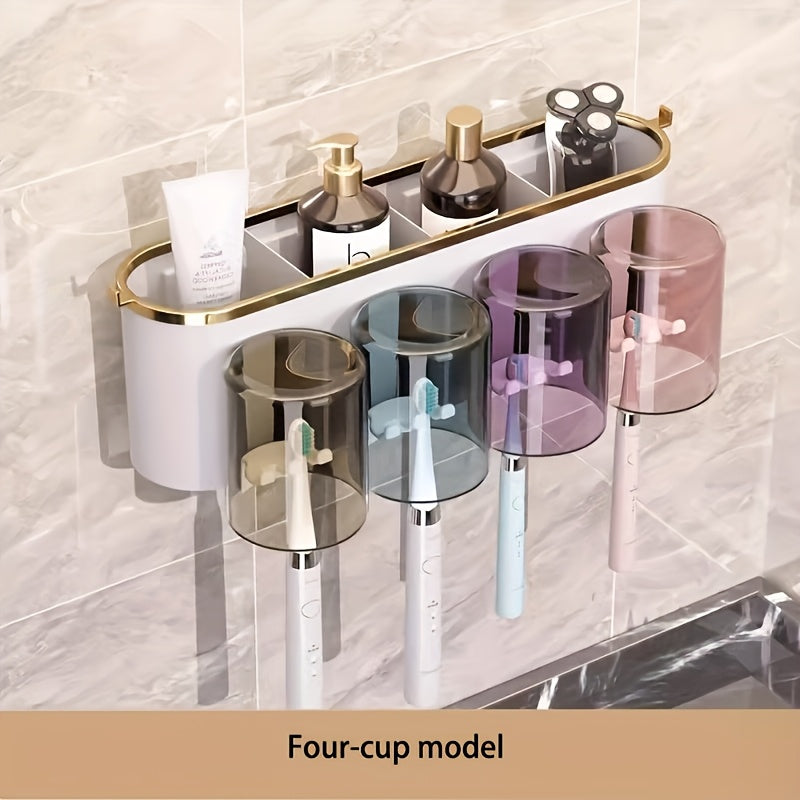1pc Multifunctional Deluxe Toothbrush Holder and Mug Rack - Wall Mounted Toothpaste and Mouthwash Storage with Built-in Squeezer - Space-Saving Bathroom Organizer Made of Durable Plastic