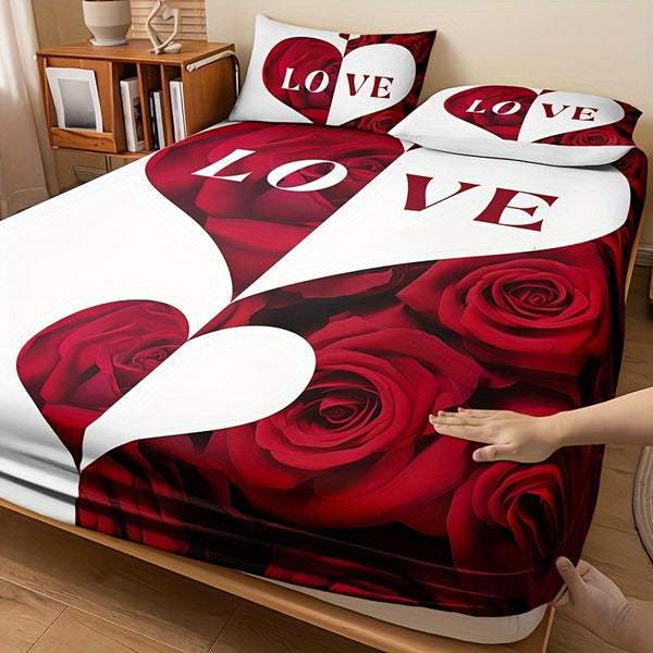 3pcs Floral Love Heart Bedding Set - 100% Polyester, Breathable All-Season Digital Print Fitted Sheet and Pillowcase Set, Machine Washable, Woven Fabric, 90gsm - Red and White Rose Design