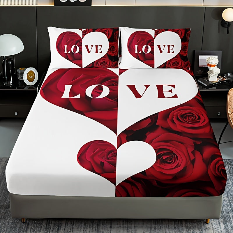 3pcs Floral Love Heart Bedding Set - 100% Polyester, Breathable All-Season Digital Print Fitted Sheet and Pillowcase Set, Machine Washable, Woven Fabric, 90gsm - Red and White Rose Design
