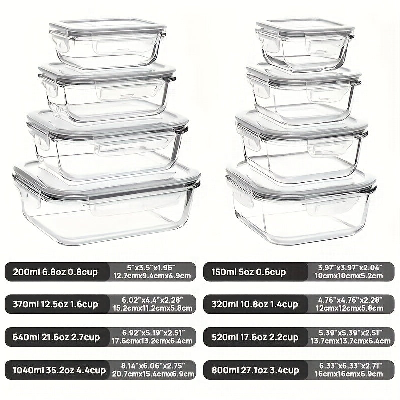 16pcs Glass Food Storage Containers with Lids - Microwave & Freezer Safe, Airtight Rectangular Meal Prep Containers for Lunch, Leftovers, Pantry Organization - Durable Stackable Design, Easy-Clean Glass