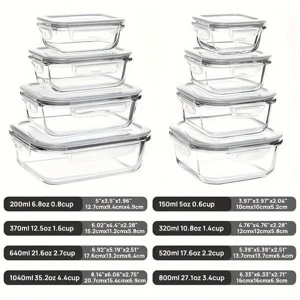16pcs Glass Food Storage Containers with Lids - Microwave & Freezer Safe, Airtight Rectangular Meal Prep Containers for Lunch, Leftovers, Pantry Organization - Durable Stackable Design, Easy-Clean Glass