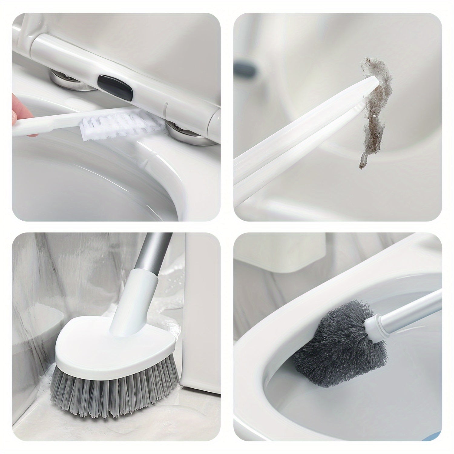 4-In-1 Toilet Brush Set with Wall-Mounted Holder - Portable Plastic Bathroom Cleaning Kit, Featuring a Long Handle, Including a Toilet Brush, Tile And Grout Cleaner, Soft Brush - Freestanding And Detachable, Suitable for Bathroom Toilets.