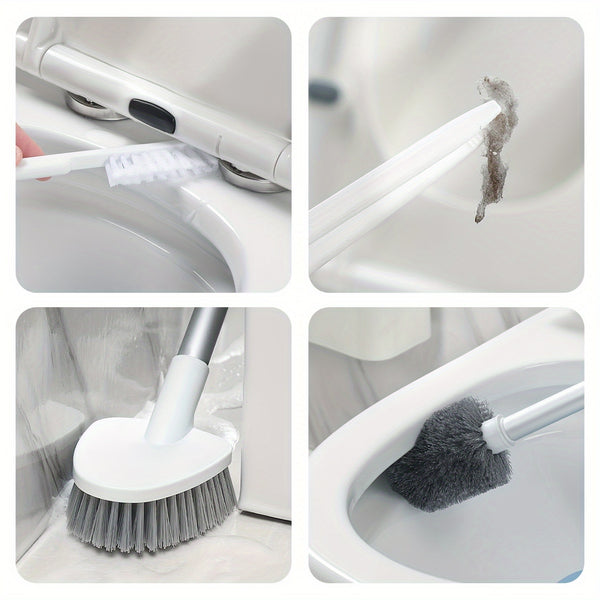 4-In-1 Toilet Brush Set with Wall-Mounted Holder - Portable Plastic Bathroom Cleaning Kit, Featuring a Long Handle, Including a Toilet Brush, Tile And Grout Cleaner, Soft Brush - Freestanding And Detachable, Suitable for Bathroom Toilets.